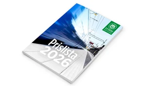 Bild på 2026 års prislista. Bilden visar ett blått tåg i hög hastighet vid en perrong. 